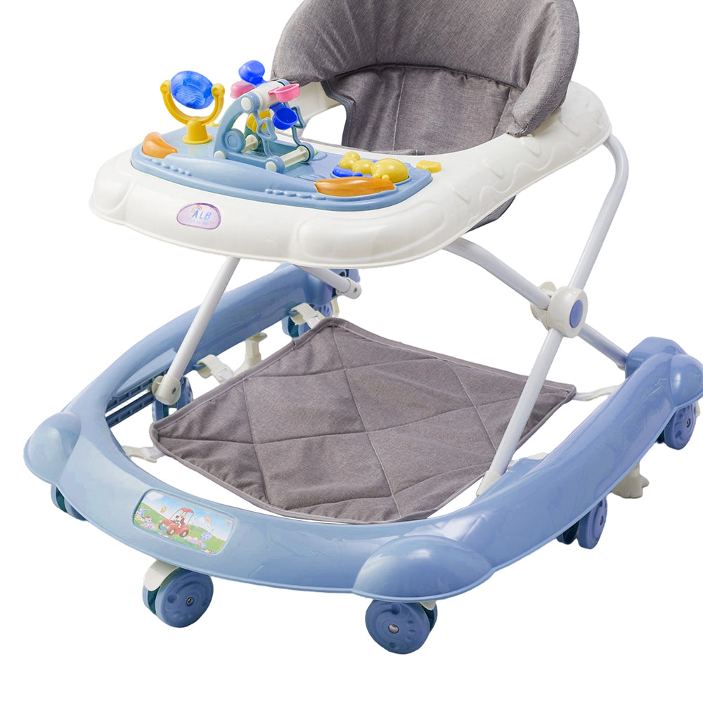 Adjustable Baby Walker, Foldable Walker, Multifunctional Baby Walker, Feeding Tray, Interactive Music, Toys, Wheel Safety Breaks | Blue