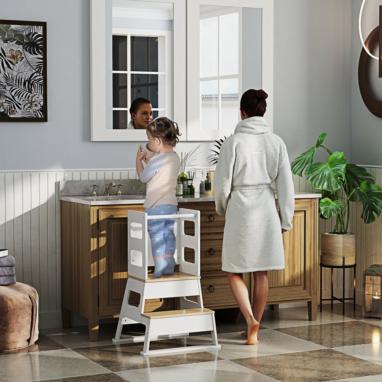 Aiyaplay 2 In 1 Toddler Tower W/ Chalkboard, Safety Rail, For Kitchen, Sink