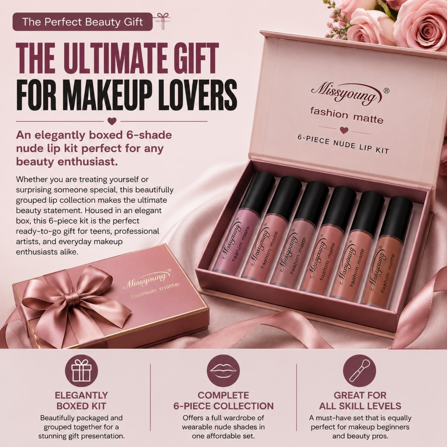 Envie Nude Matte Lipstick Set Waterproof Long Lasting Liquid Lip Gloss 6 Shades Kit