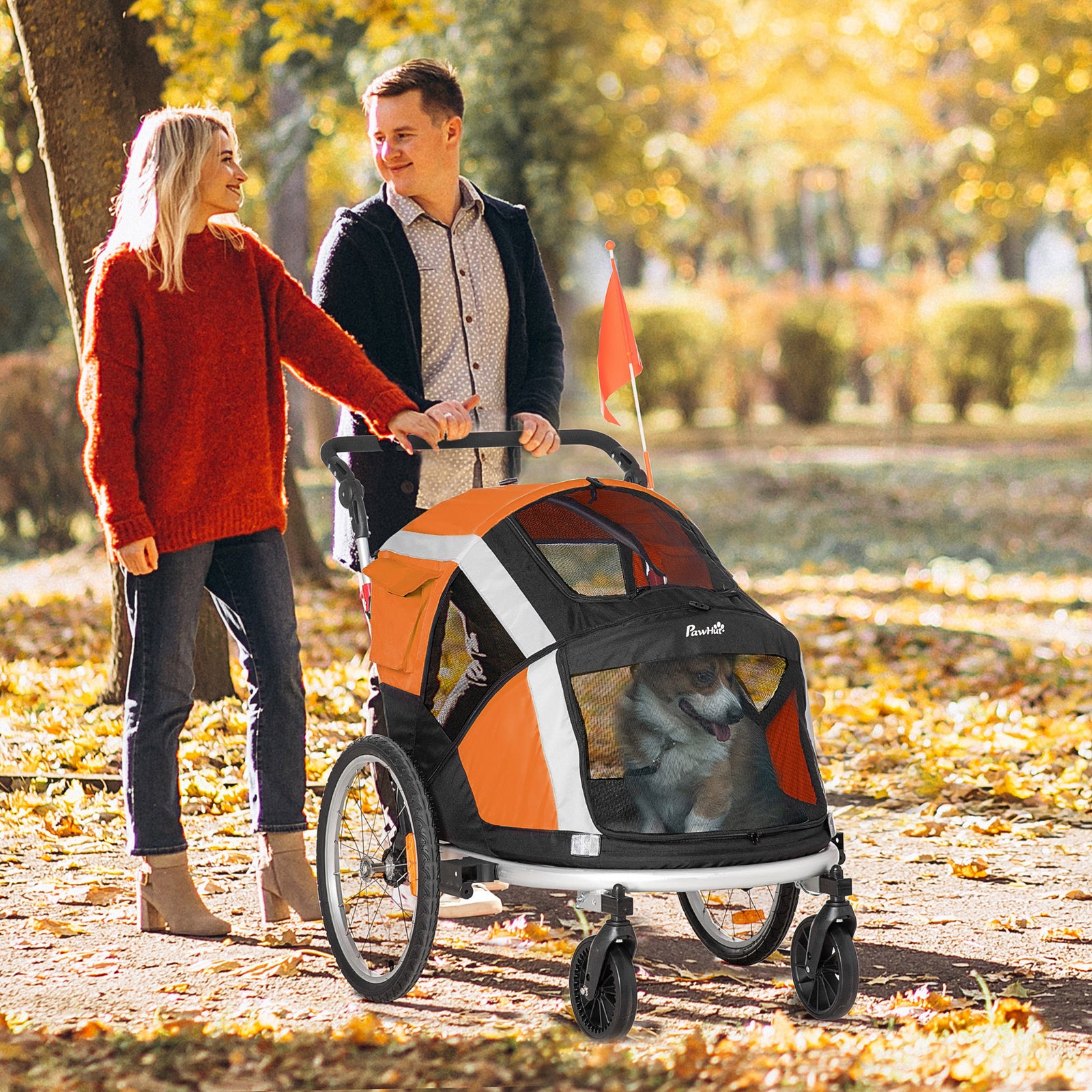 Pawhut 2-in-1 Dog Bicycle Trailer W/ Safety Leash, Reflectors - Orange