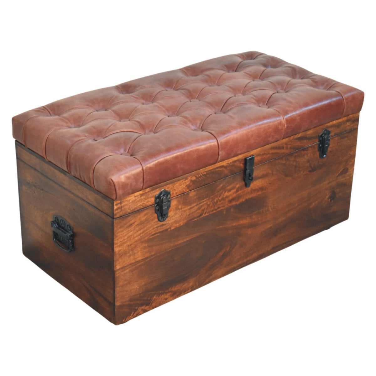 Solid Wood Brown Buffalo Hide Leather Storage Trunk