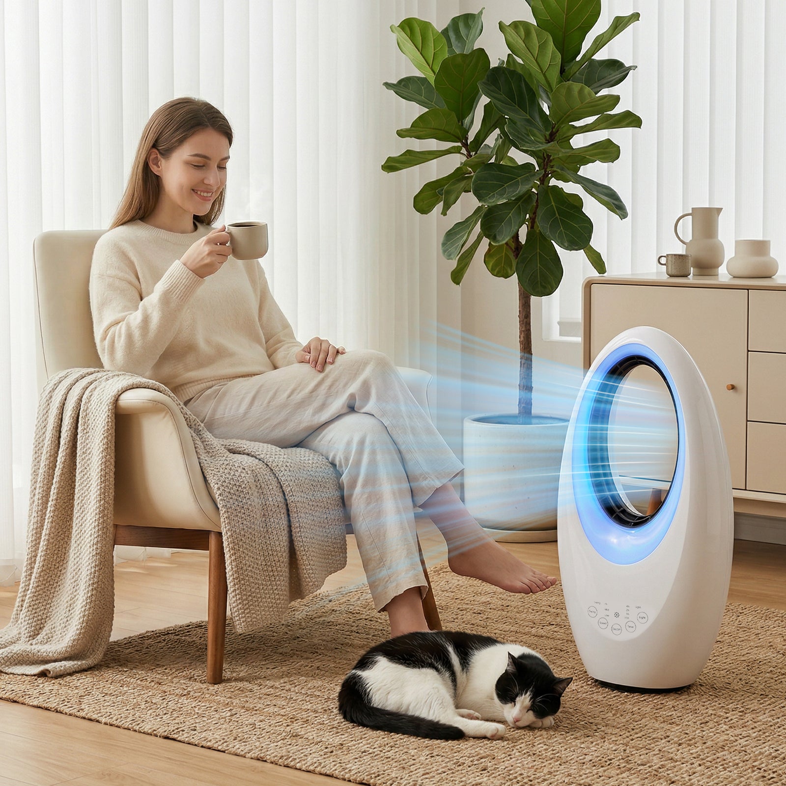 HOMCOM Bladeless Tower Fan For Bedroom, 36db Standing Cooling Fan, White