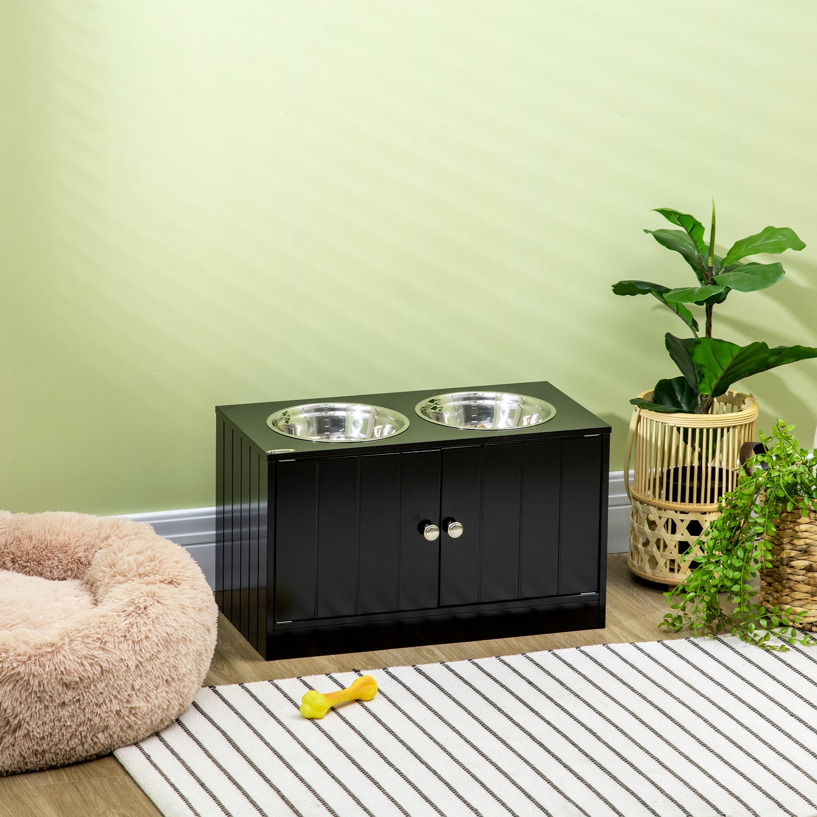 Raised Dog Bowls For Large Dogs Feeding Station W/ Stand, Storage | Black