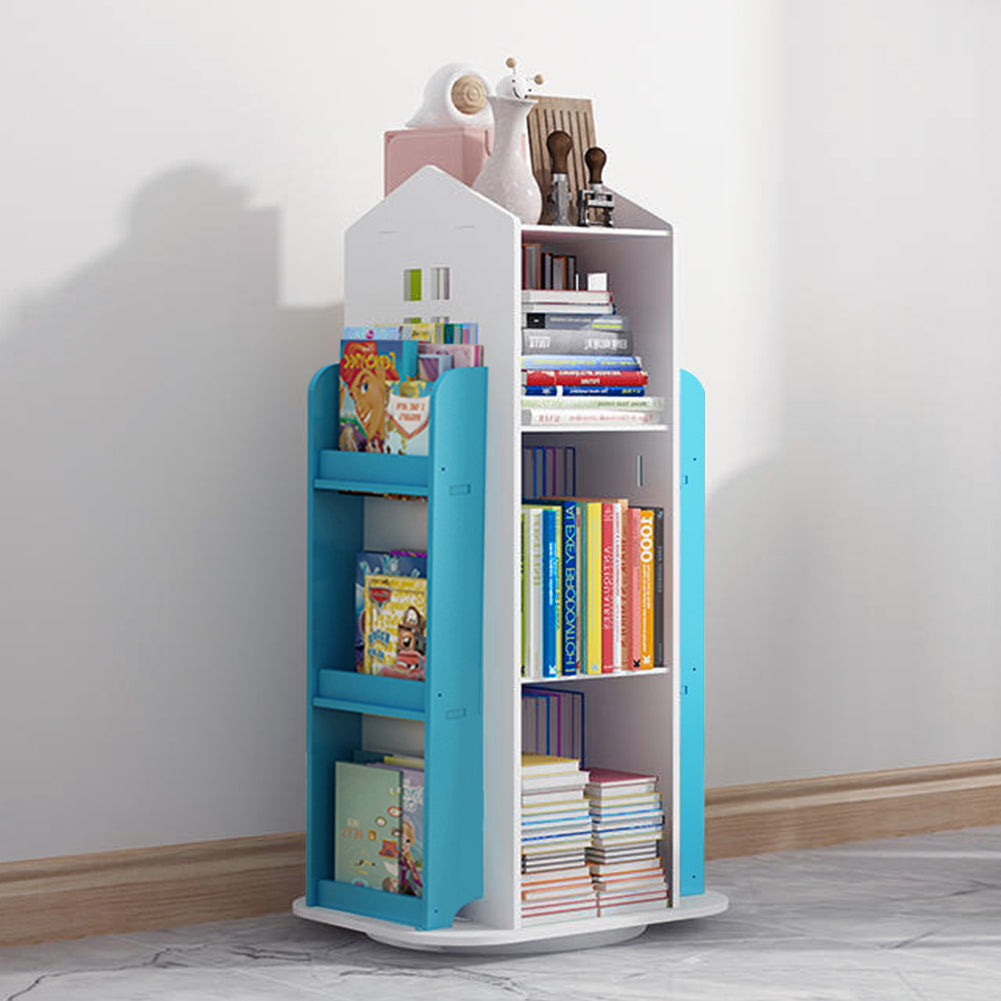 360°rotating Kids' Bookshelf Wooden House Frame Book Storage Organizer For Children | Blue