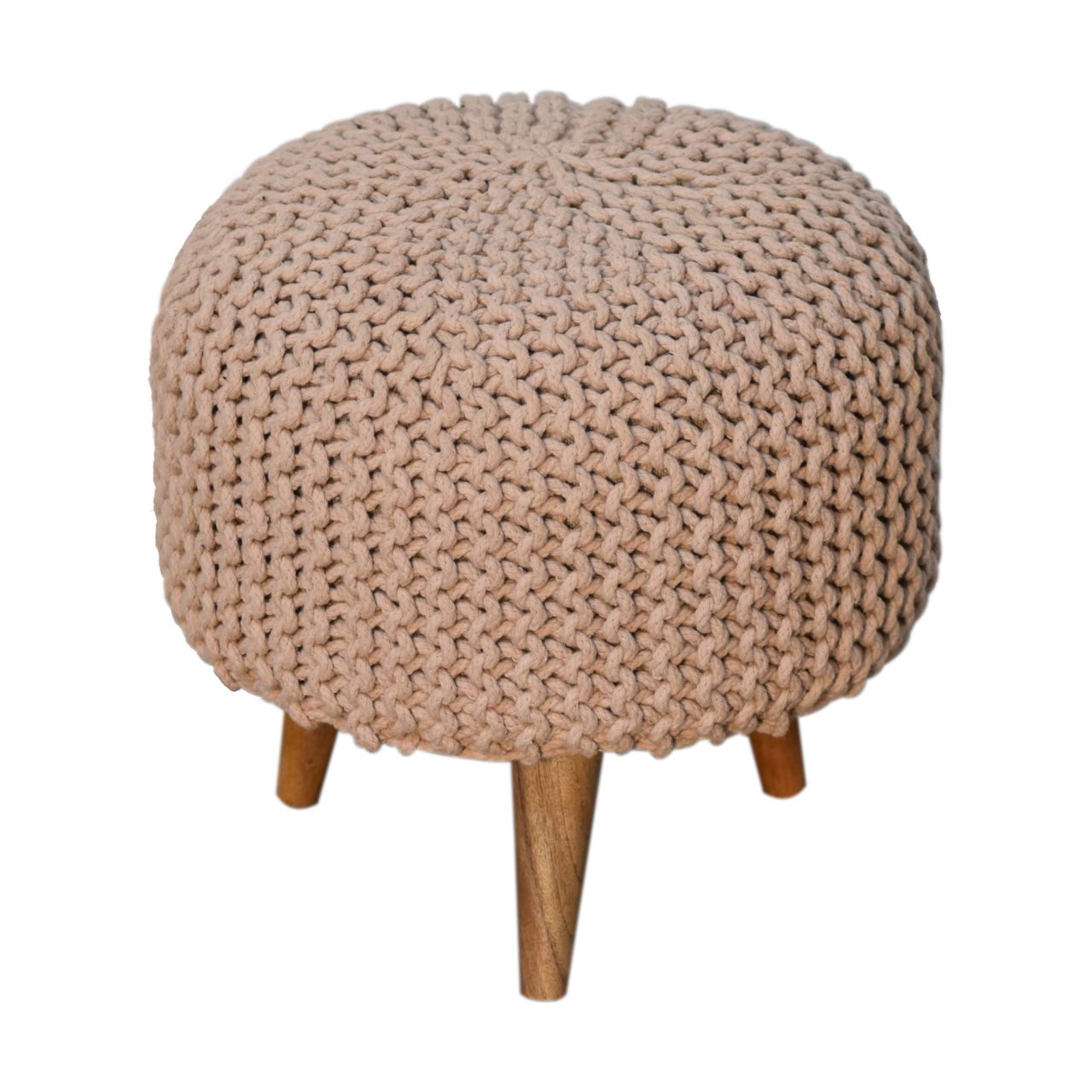 Solid Mango Wood Keeva Beige Round Footstool