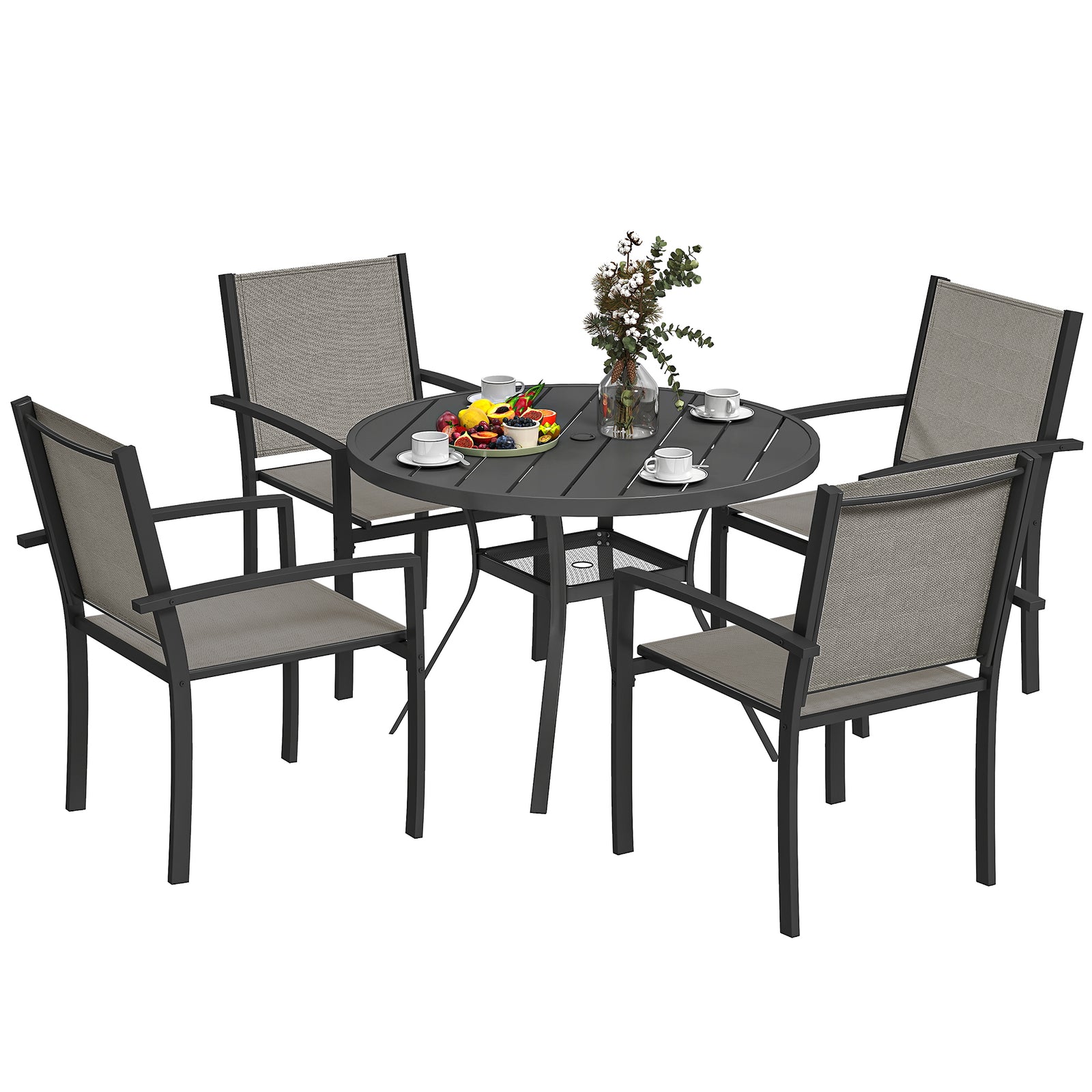 5-piece Round Table Set, 4 Stackable Chairs, Grey