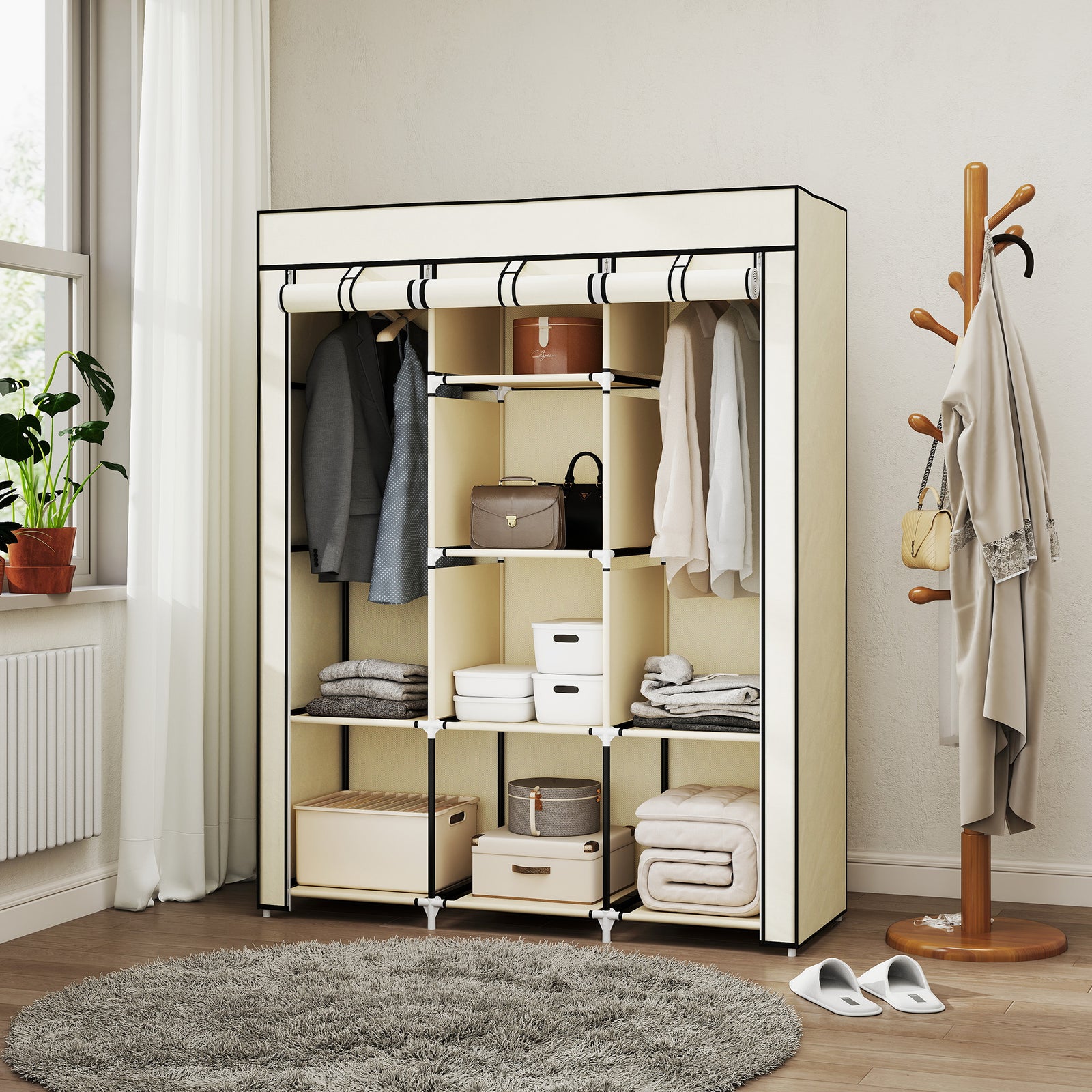 Fabric Portable Wardrobe With 8 Shelves 2 Hanging Rails | White
