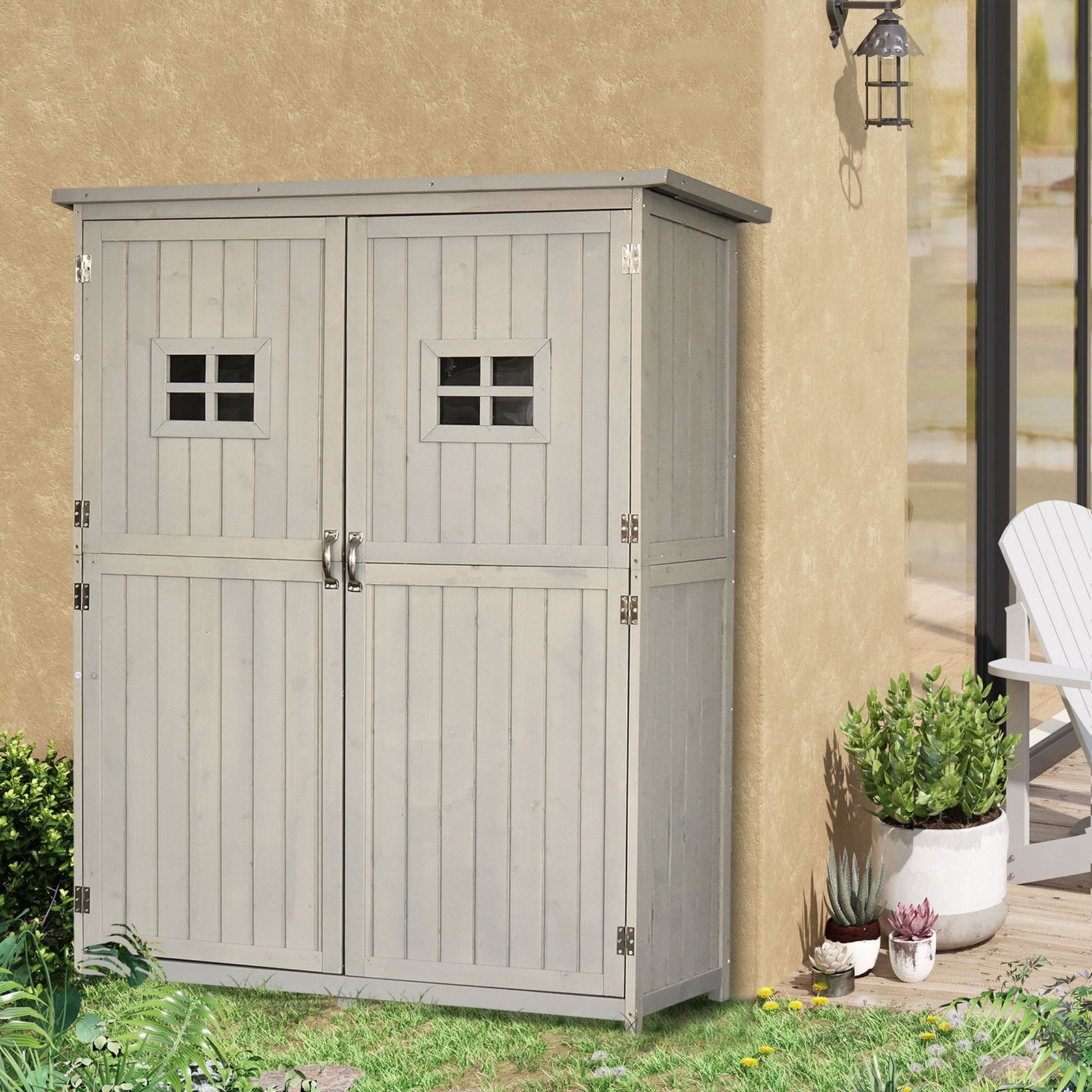 Wooden Garden Shed Tool Storage Cabinet Double Door Shelf
