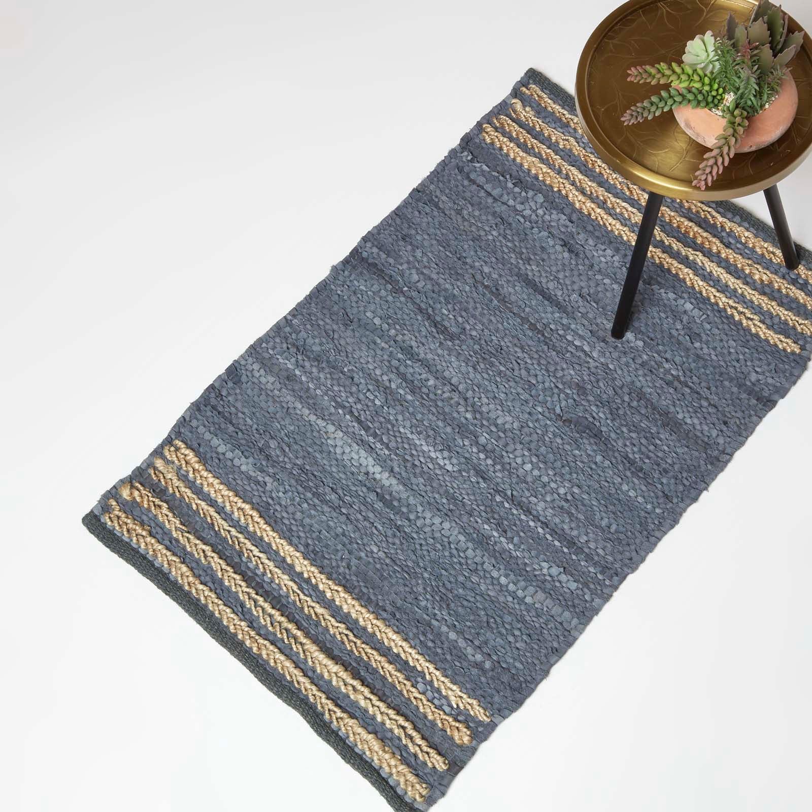 Recycled Leather Handwoven Stripe Rug | 60cm x 80cm | Grey