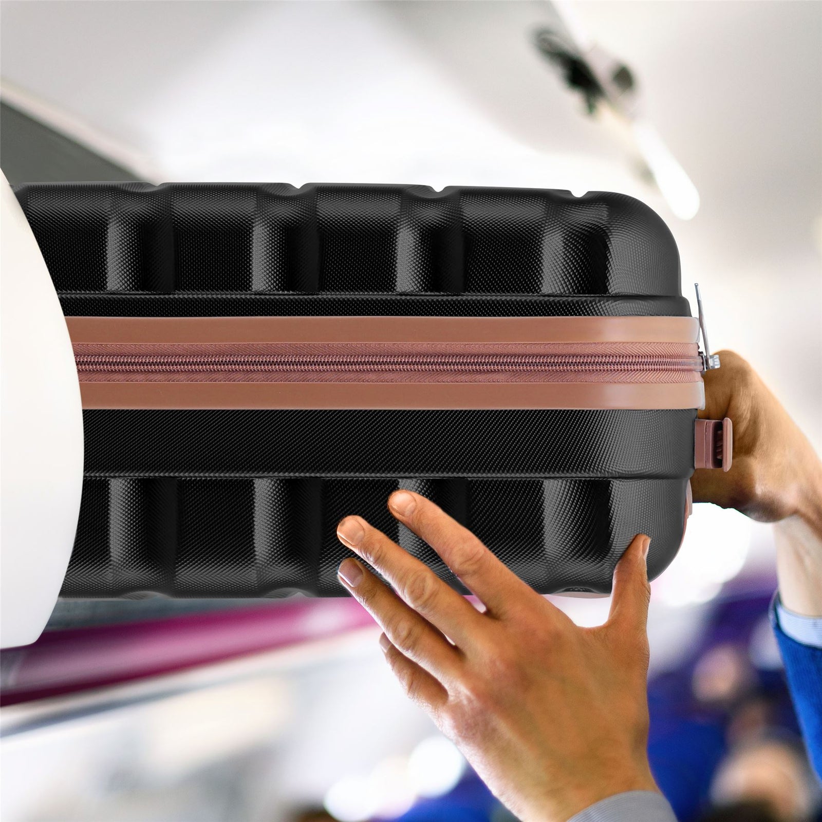 55x40x20cm Lightweight Luggage Hard Shell Cabin Suitcase 60+ Airlines Approved - Carry On Case - 4 Wheels | 55 x 40 x 20cm | Black & Brown