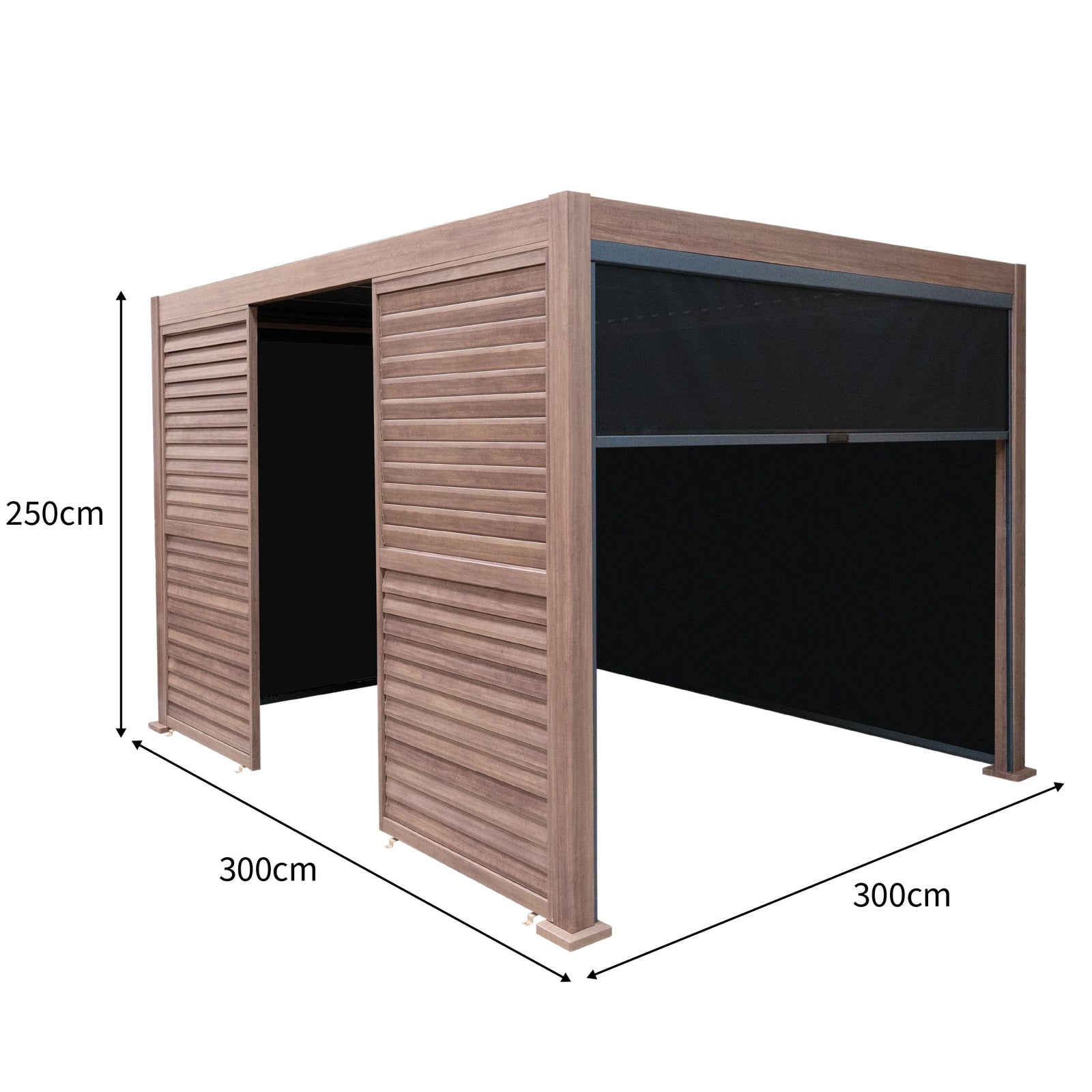 Wood Effect Aluminium Pergola With Blinds, 2 X Side Panels & Led Lights | 3m x 3m | Brown
