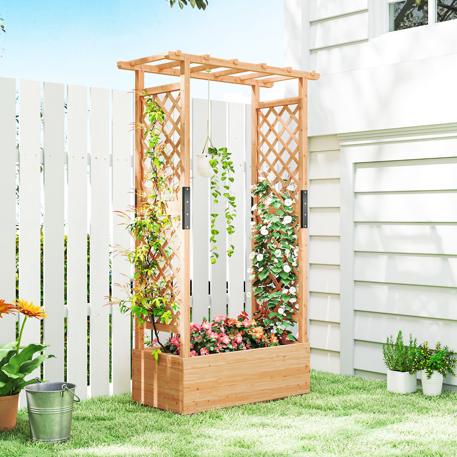 Raised Garden Bed With Trellis 110x44x181cm Natural