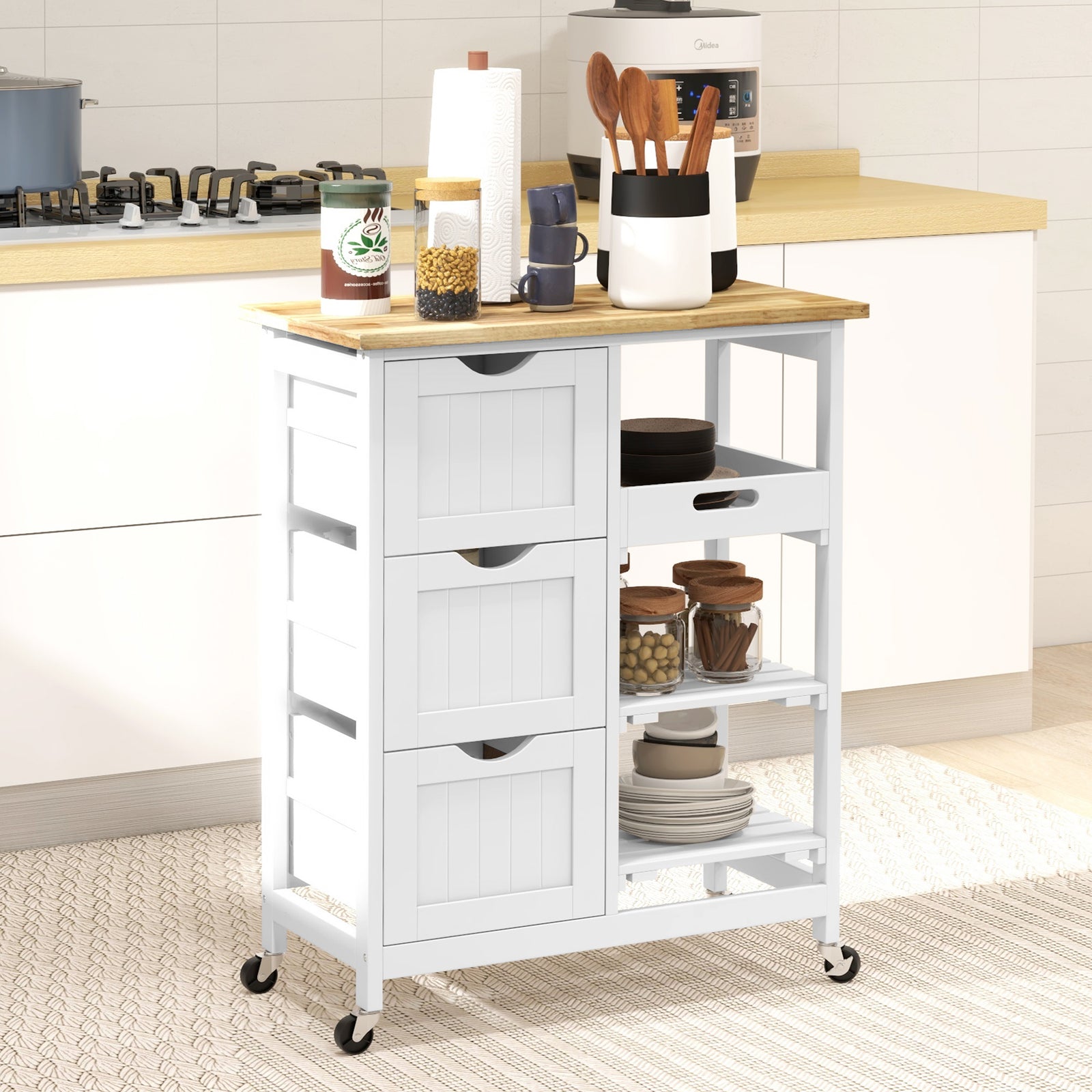 Compact Bar Trolley With Wood Top, Drawers