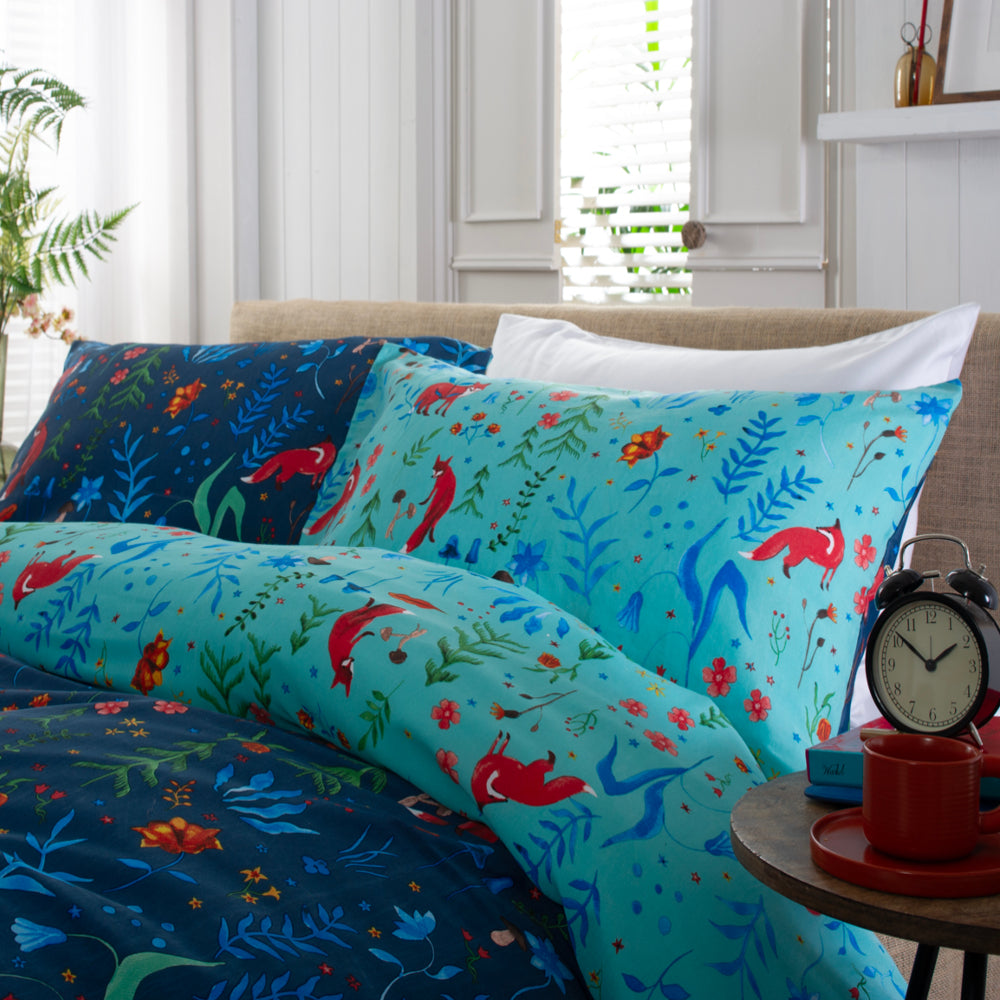 Fox And Floral Cotton Rich 200 Thread Count Reversible Duvet Cover Set | Super King | Navy Blue