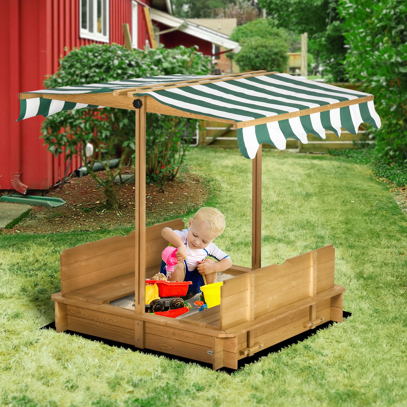 Kids Square Wooden Sandpit Children Cabana Sandbox Outdoor Playset | Brown