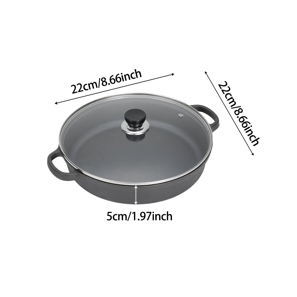 22cm/25cm/28cm Dia Pre-seasoned Round Cast Iron Braiser Pan With Lid & Double Handles | Small