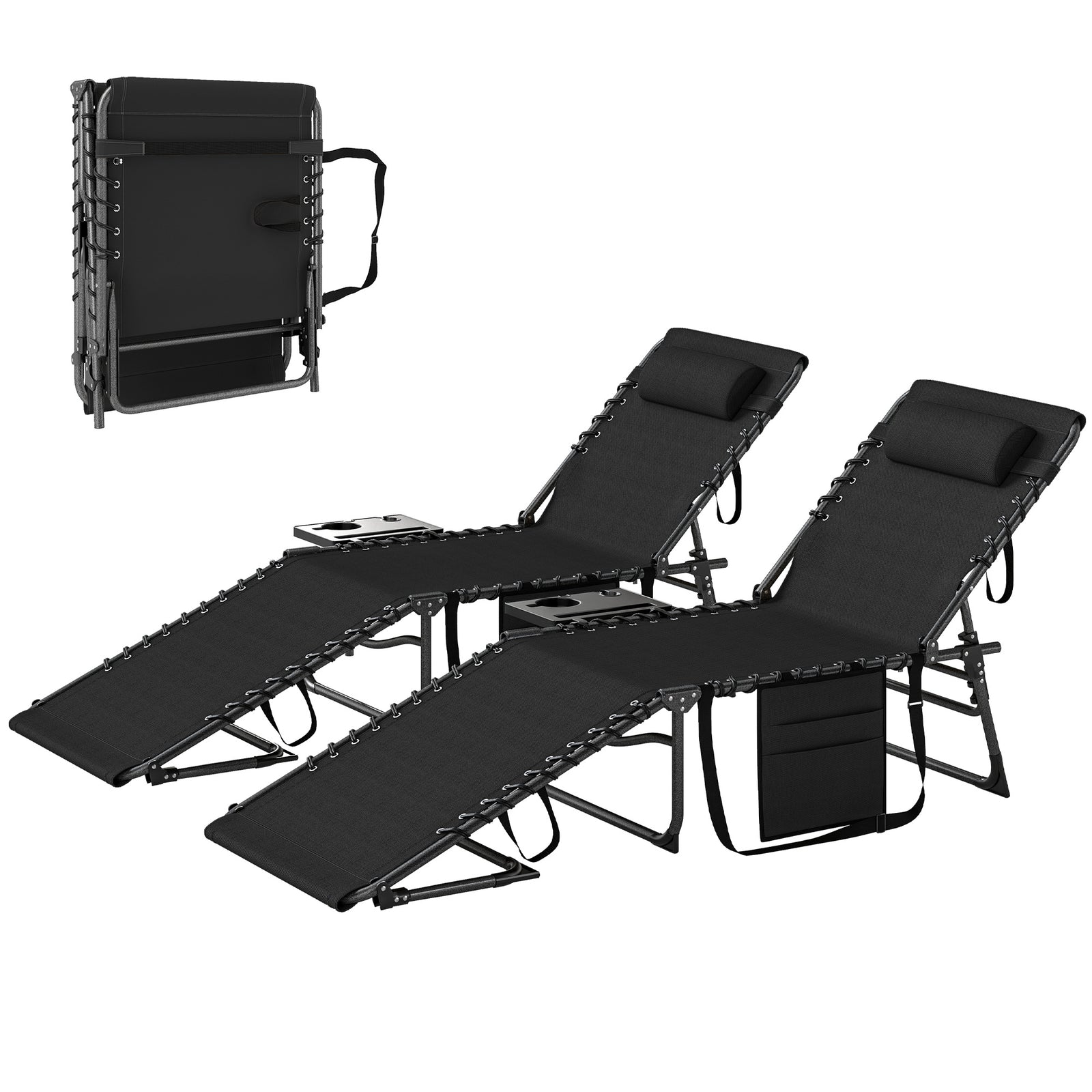 Folding Sun Loungers With 5-level Back, Cup Holder | Black