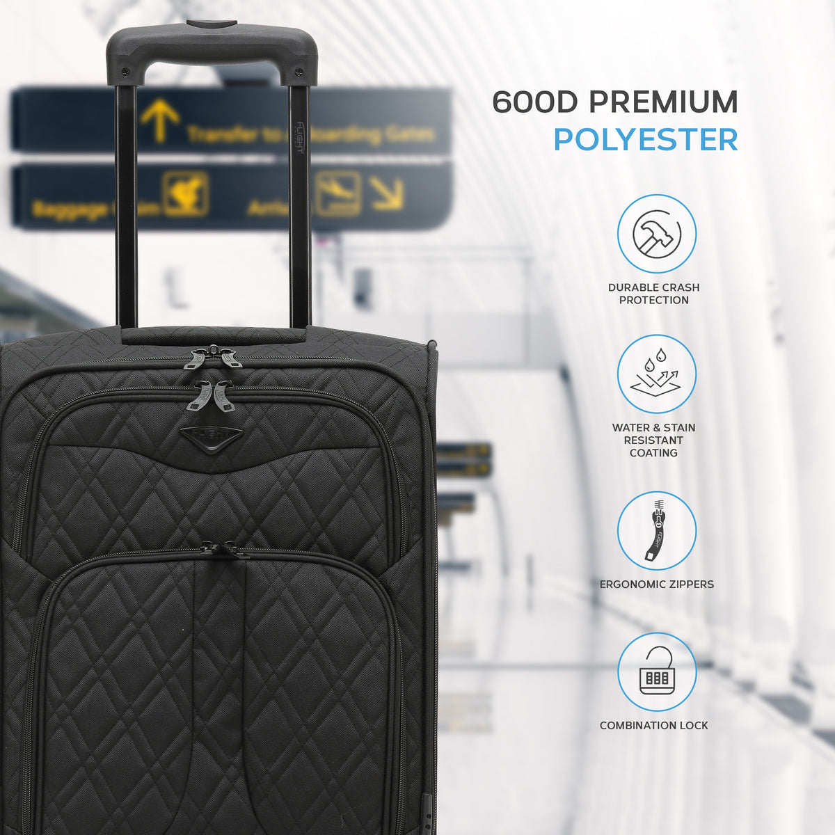 Lightweight 4 Wheel 800d Soft Case Quilted Suitcases Set Of 3 Anti Crack - Cabin & Hold Luggage 100+ Airlines Approved | Set of 3 | Black