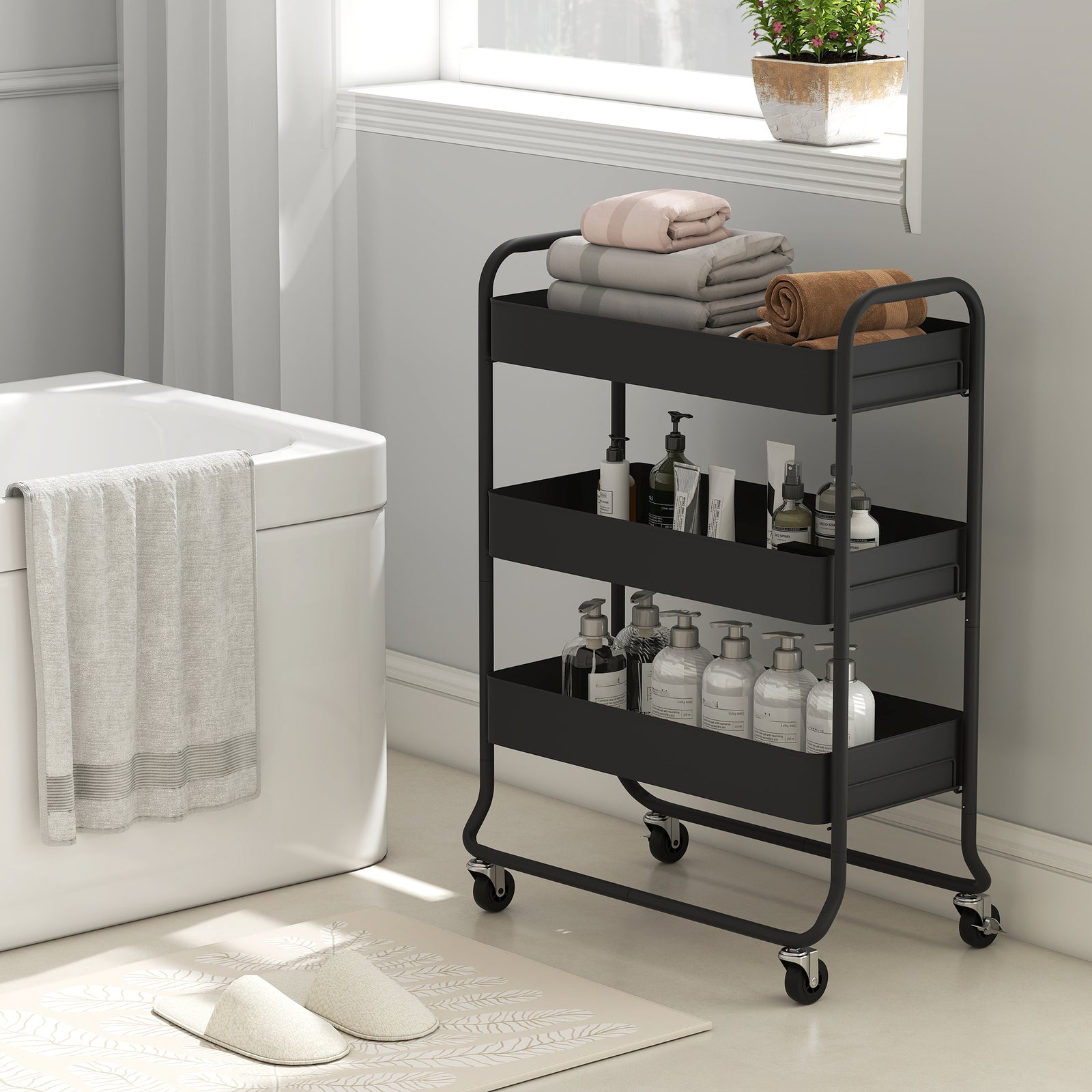 3-tier Storage Trolley, Storage Cart With Mesh Backets, Wheels | Black