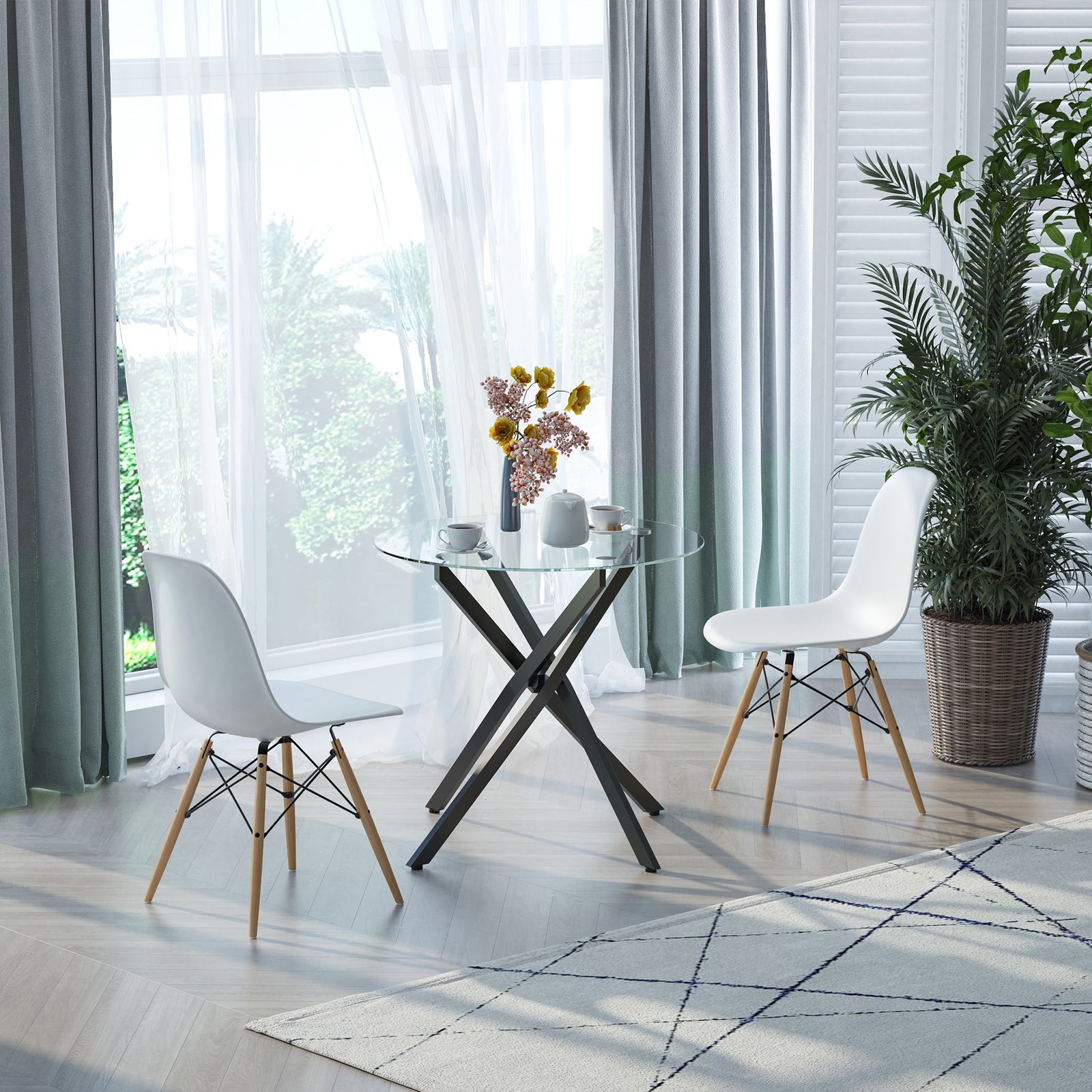 Round Side Table With Tempered Glass Top & Metal Legs