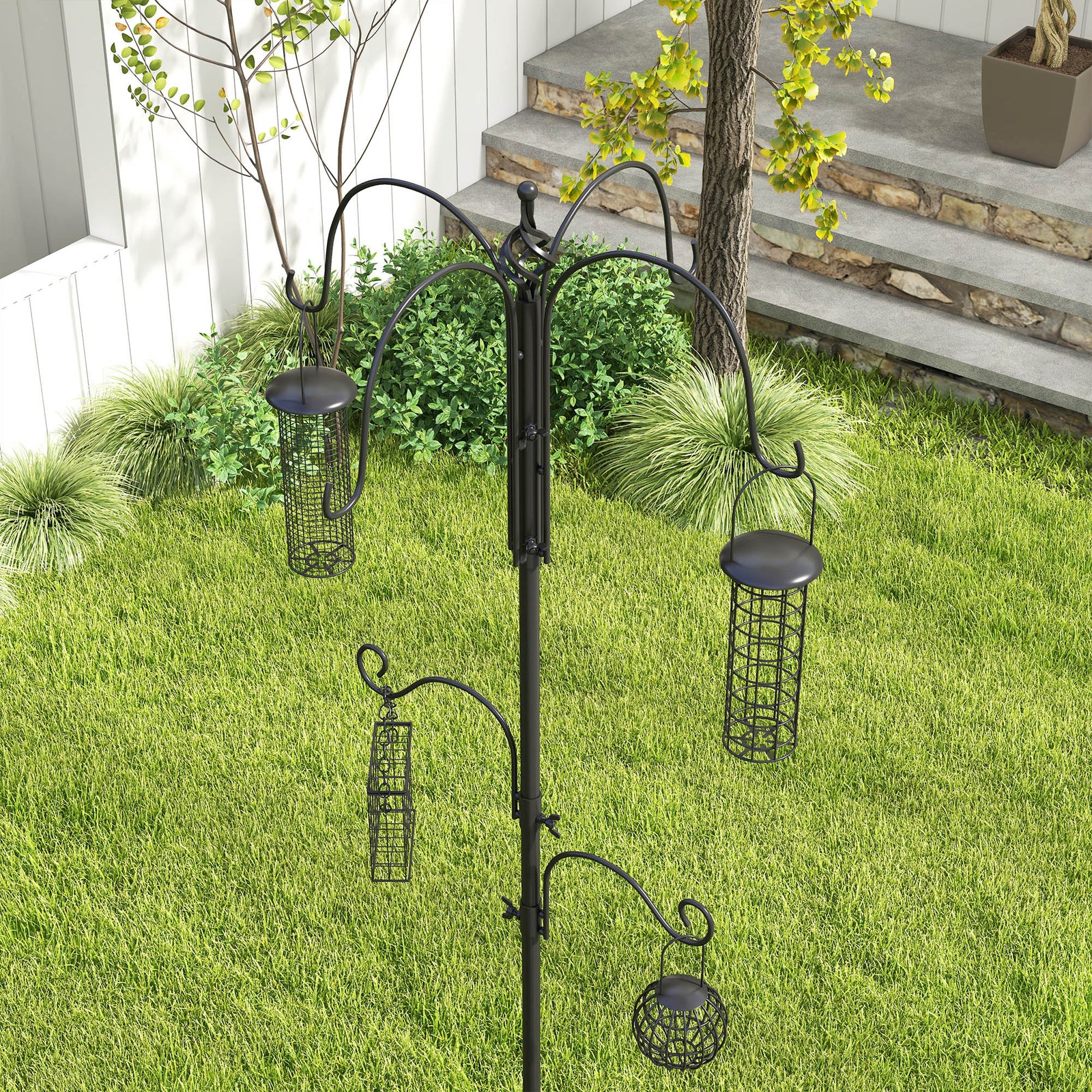 Pawhut Bird Feeding Station Kit Wild Bird Feeder Pole W/ 6 Hooks 4 Prong Bases