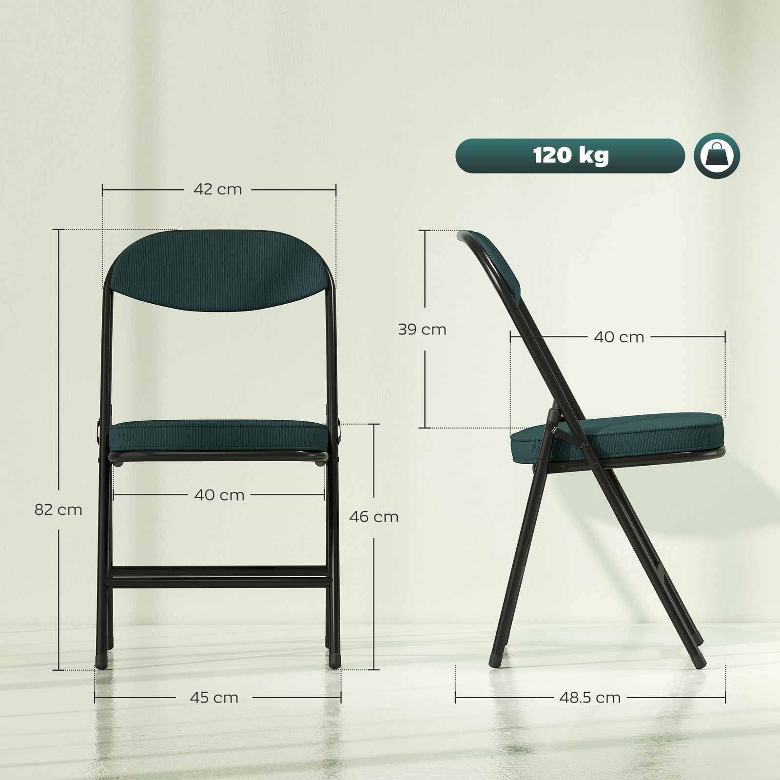 Folding Chairs Set Of 4 With Cushioned Seat, Steel Frame | Teal