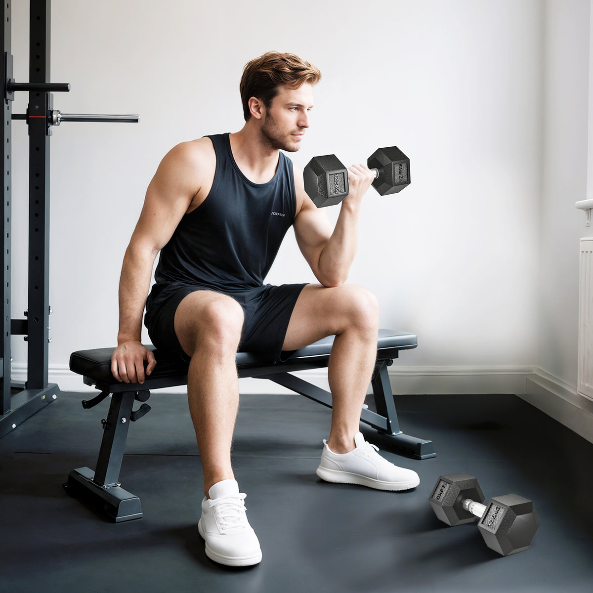 Rubber Hex Dumbbell Portable Hand Weights Home Gym | 25kg | Black