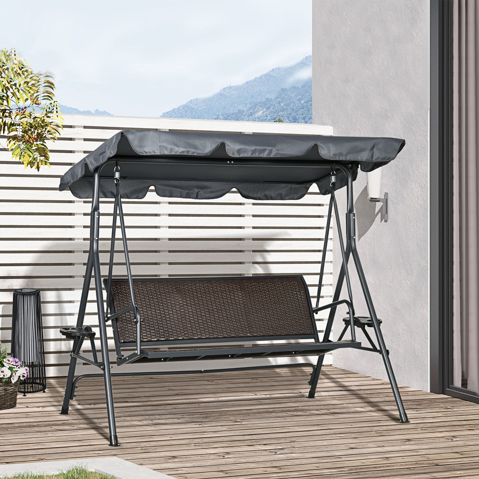 3 Seater Garden Swing Seat, Swing Chair W/ Adjustable Canopy