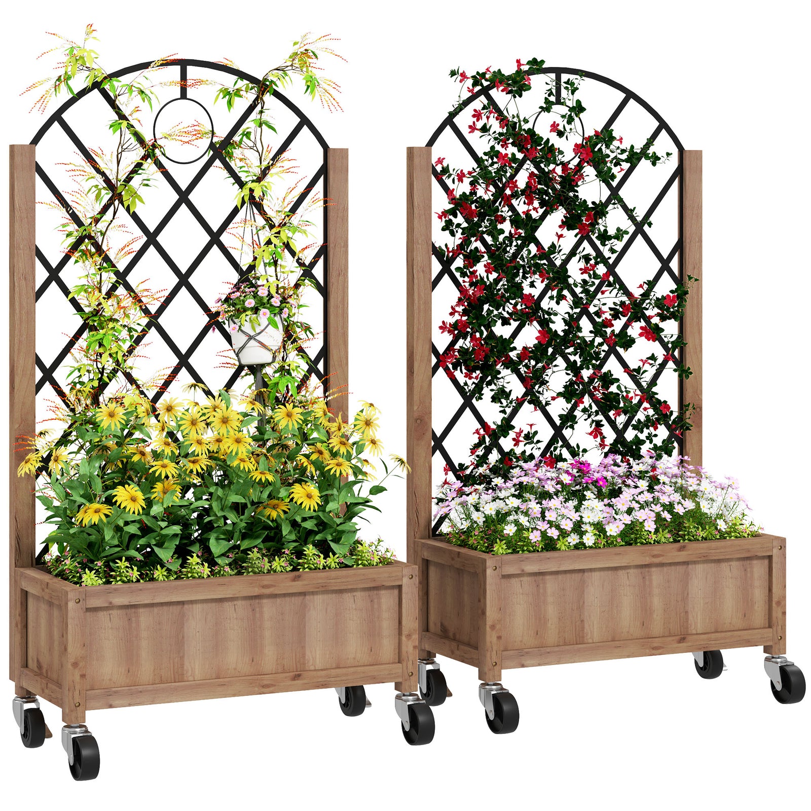Pack Of 2 Wooden Raised Bed, Outdoor Planter Box W/ Trellis