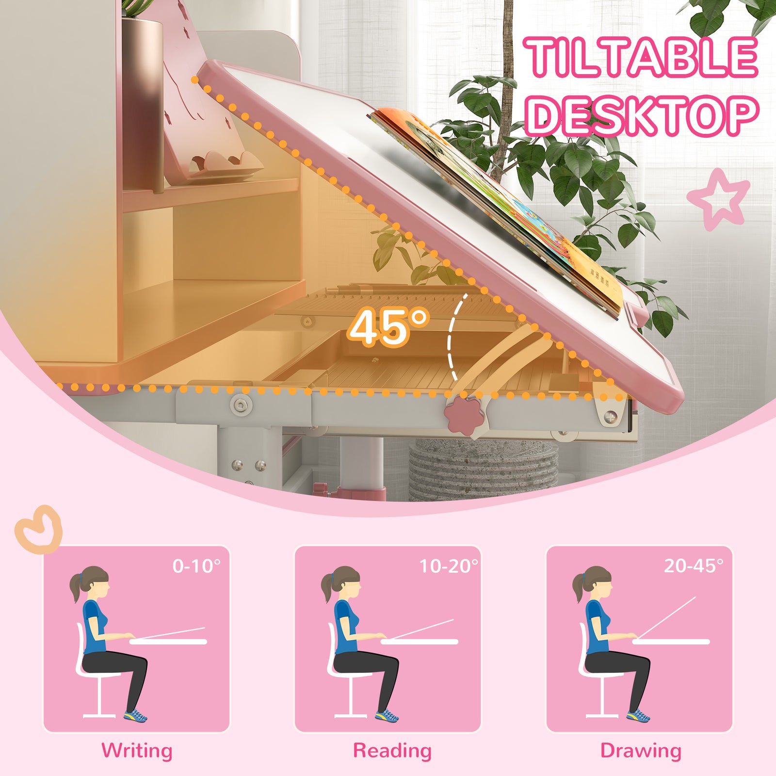 Height Adjustable Kids Desk And Chair Set, With Drawer, Bookshelf | Pink