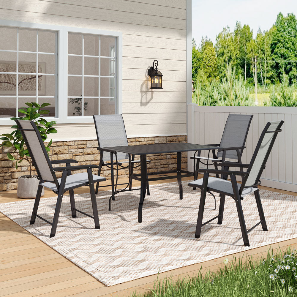 5 Pcs Garden Dining Set Metal Slatted Coffee Table With Foldable Chairs