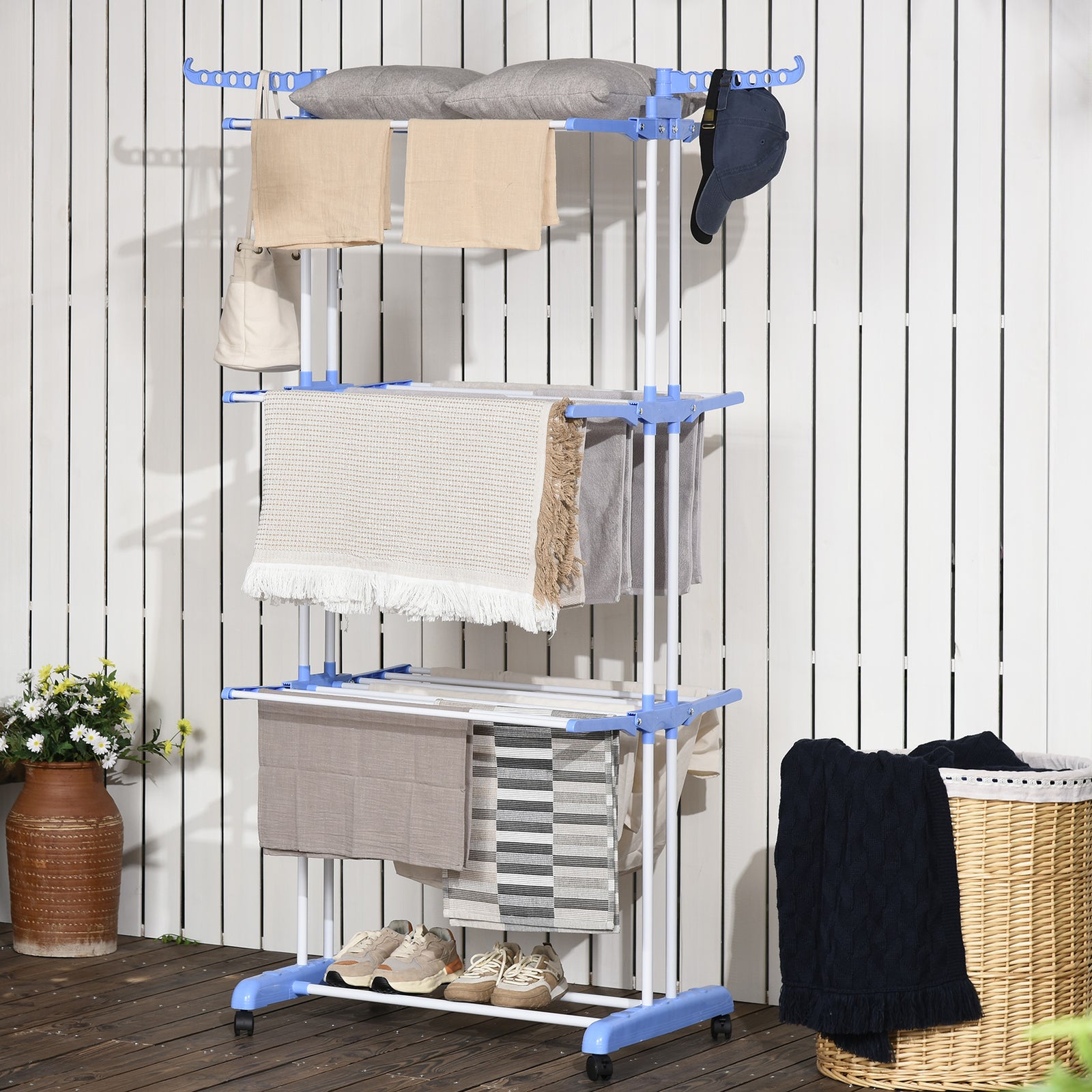 Foldable Clothes Drying Rack Steel Garment Dryer Casters | One Size | Blue