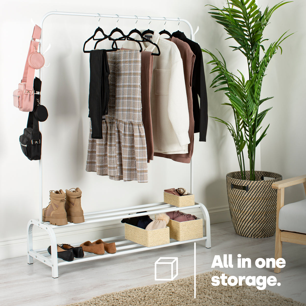 Livivo Clothes Rail Shoe Rack With 6 Hooks White Bedroom Storage Stand
