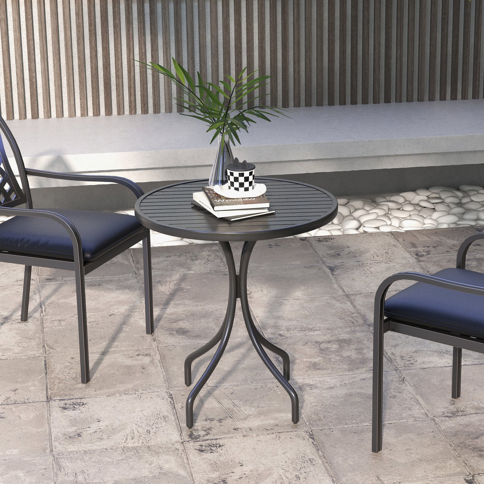 66cm Garden Table, Round Patio, Steel Frame, Slat Top, Black