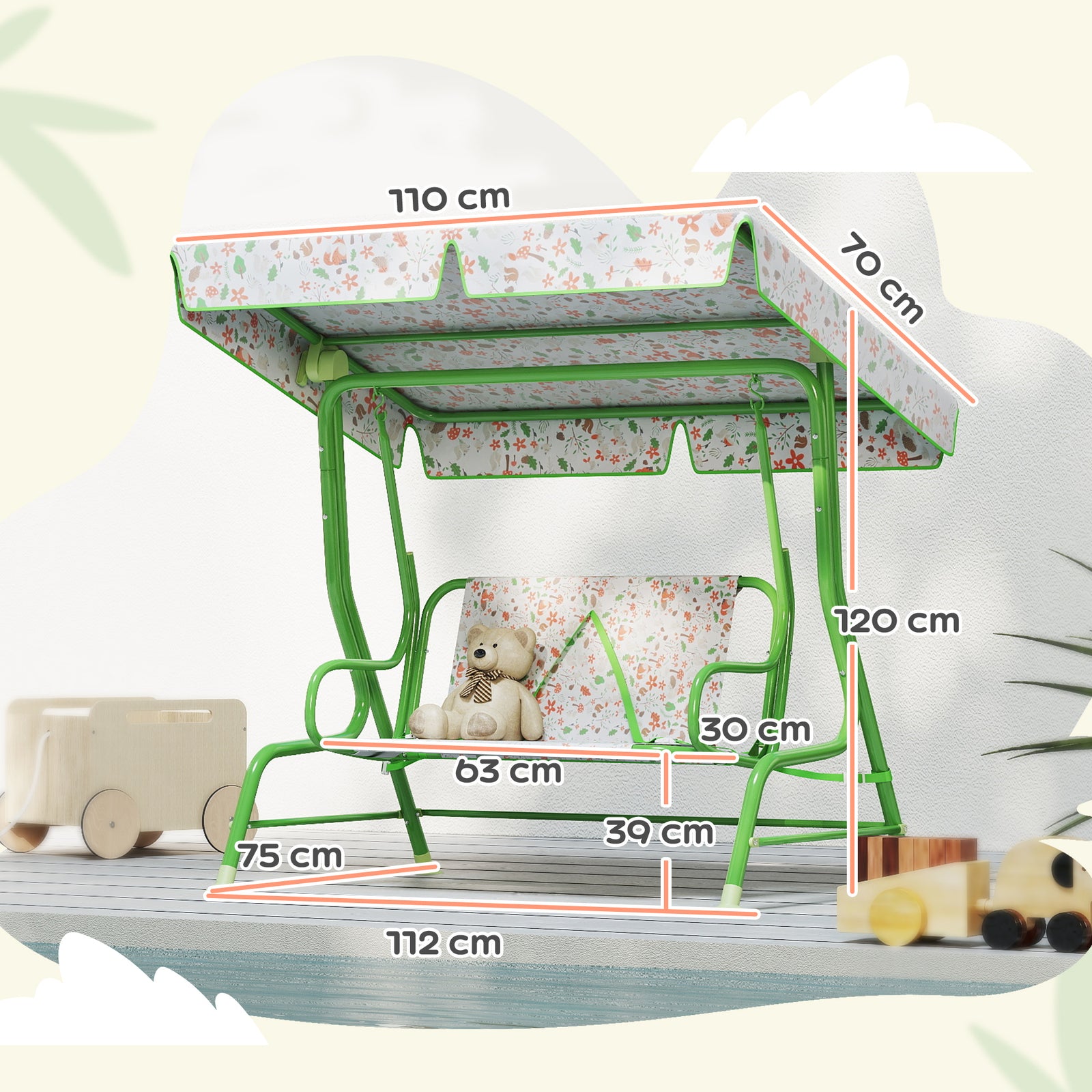 Kids Garden Swing Seat, Outdoor Swing Chair With Adjustable Canopy | Green