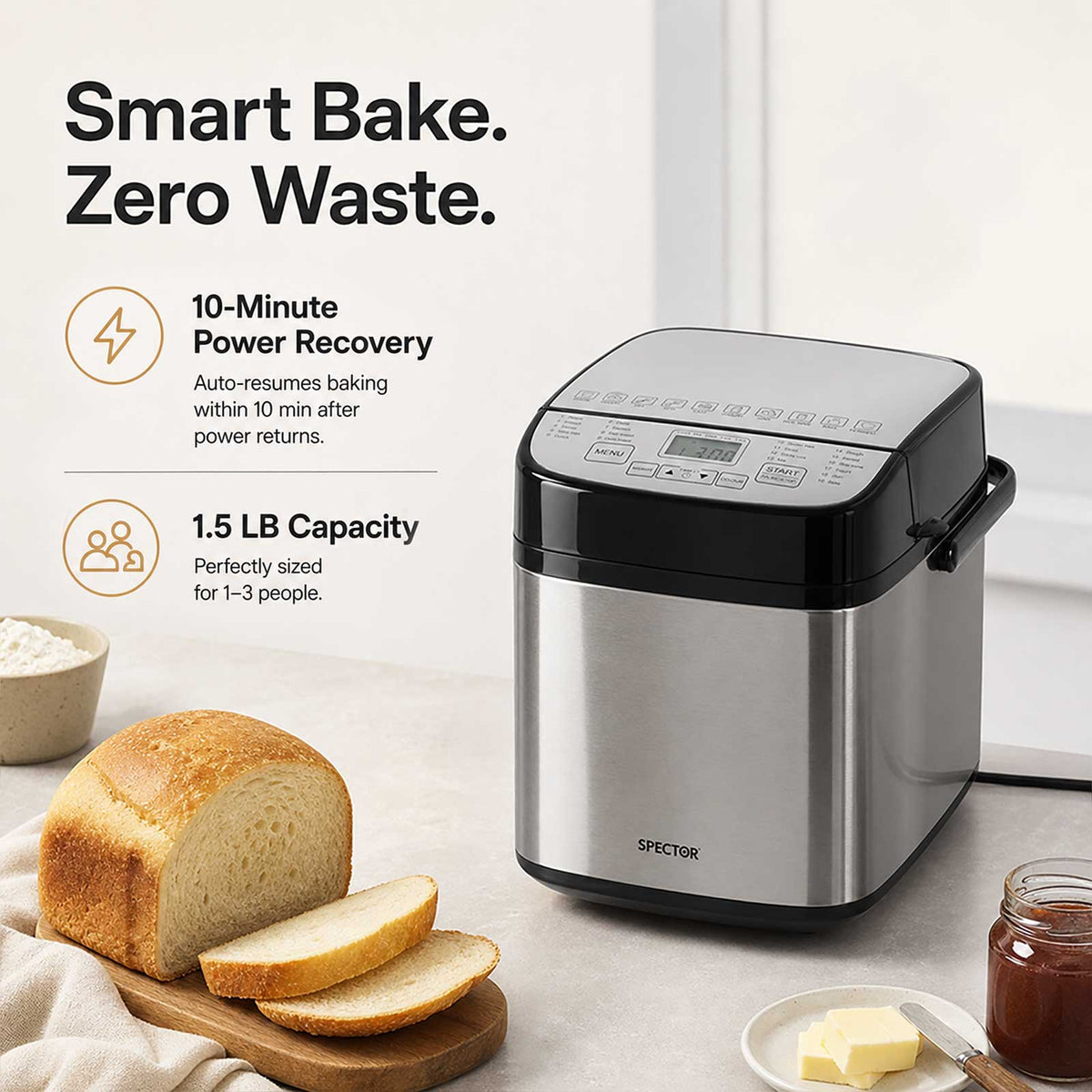Spector Bread Maker 19 In 1 Compact Machine 15h Timer 1.5lb Black Silver