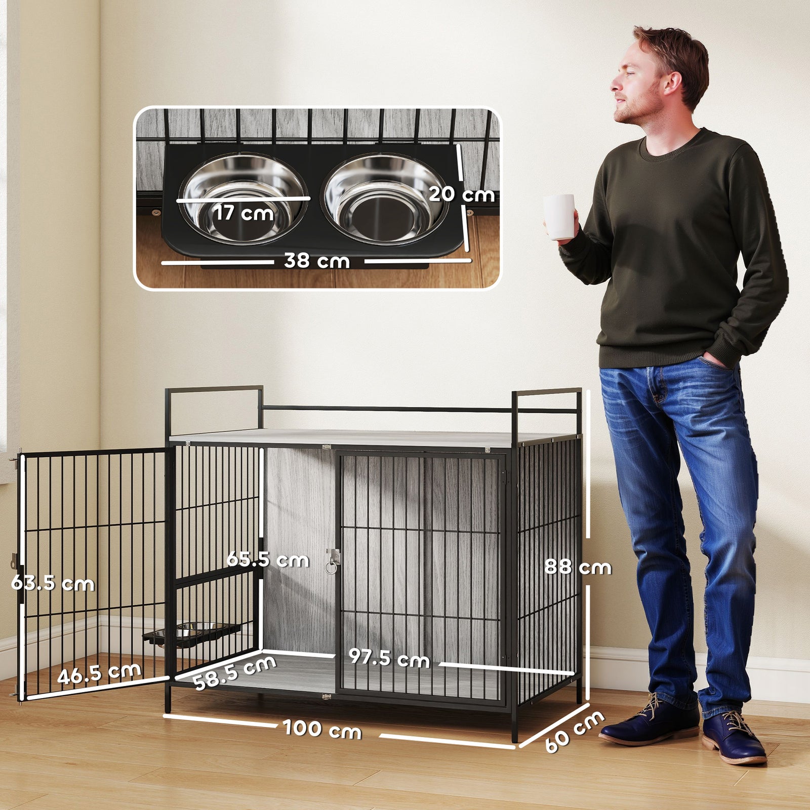 Pawhut Dog Crate Furniture With Rotating Bowl Holder For Large Dogs, Grey