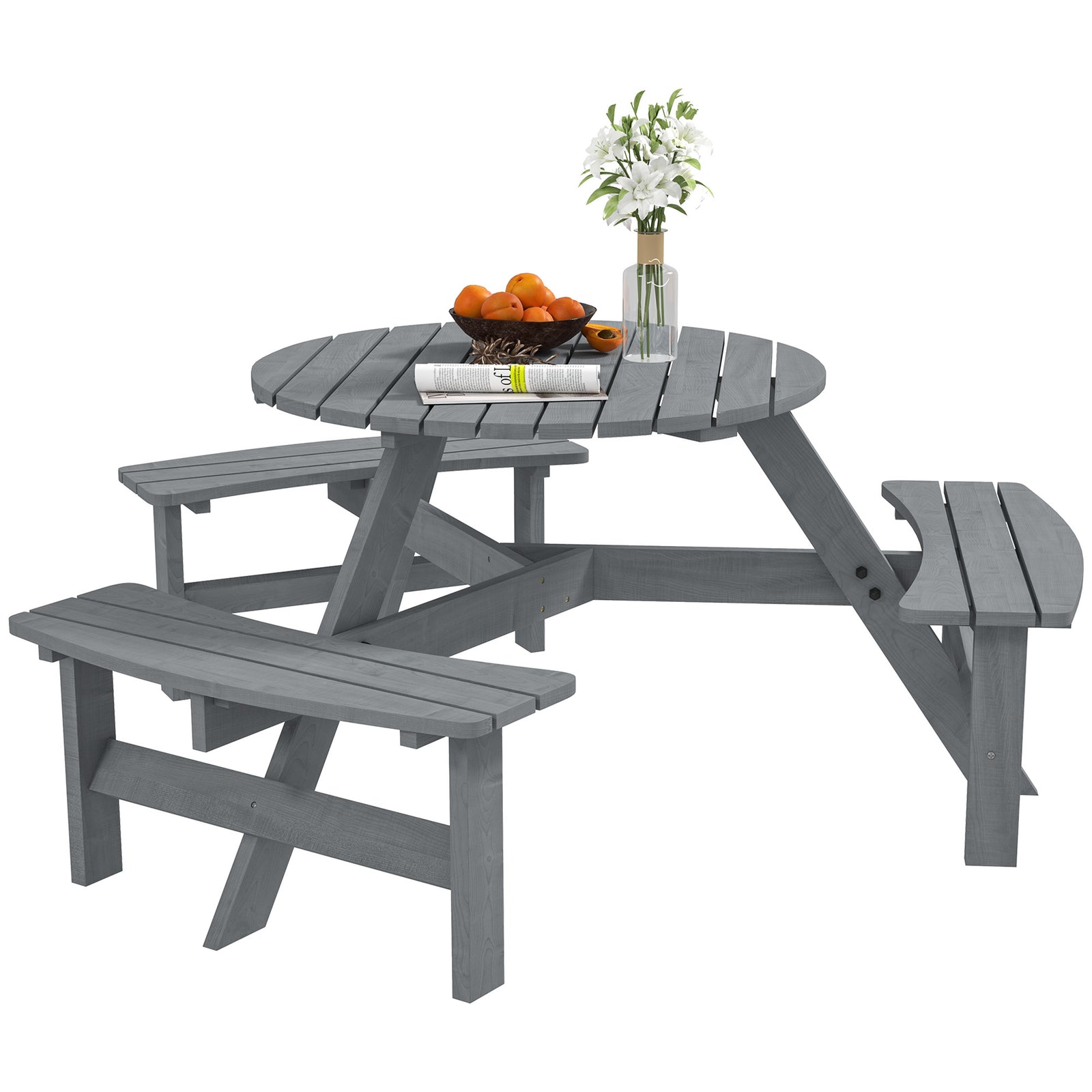 6 Person Fir Wood Table Bench Set Outdoor Garden Patio, Grey