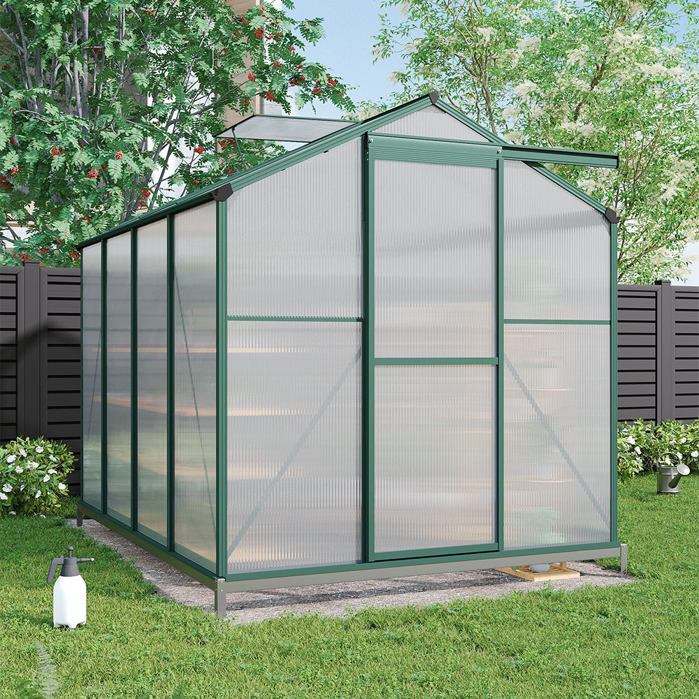 Polycarbonate Greenhouse With Base – Aluminum Frame Walk-in Greenhouse With Sliding Door & Ventilation Window For Plants & Flowers, Green, 8 x 6ft