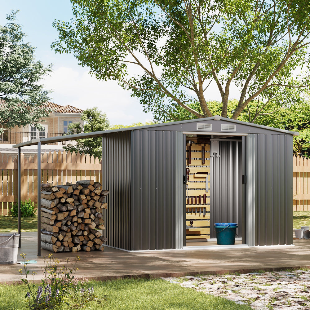 4 x 8 ft Outdoor Metal Storage Shed with Extended Roof, Sliding Doors, including Shelves &  Hooks, Garden Tool Shed