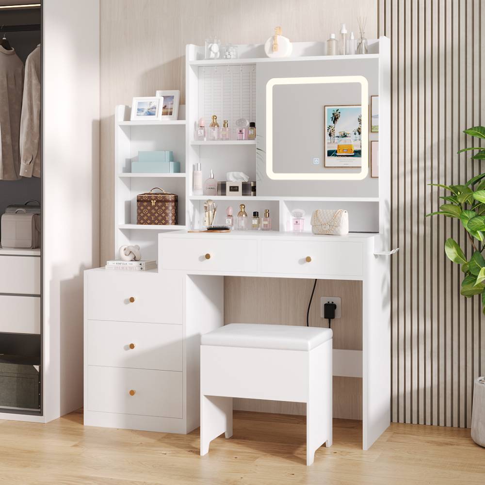 Dressing Table And Stool Set With Led Mirror And Built-in Electrical Outlet