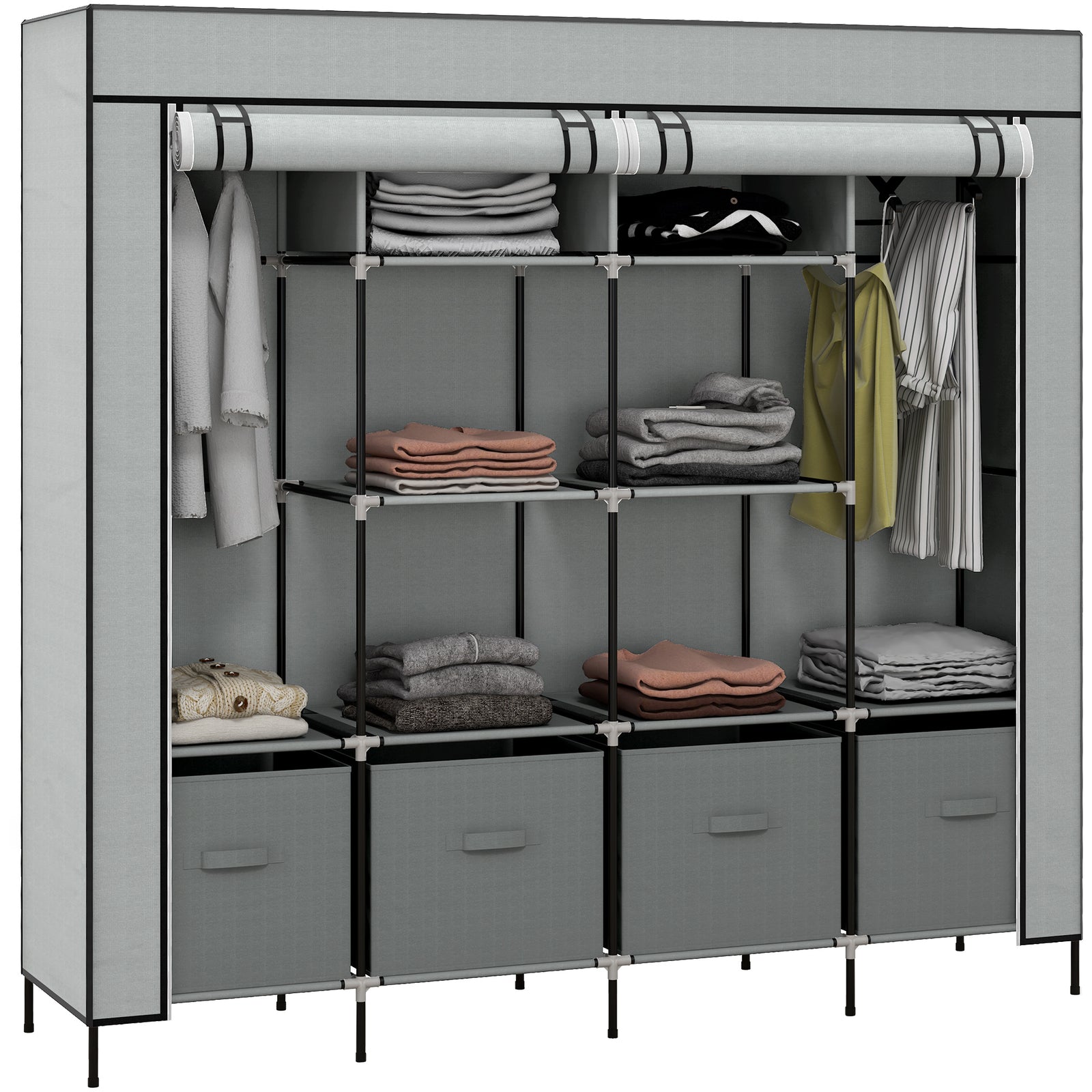 Fabric Wardrobe W/ 12 Shelves 2 Hanging Rails Foldable Closets