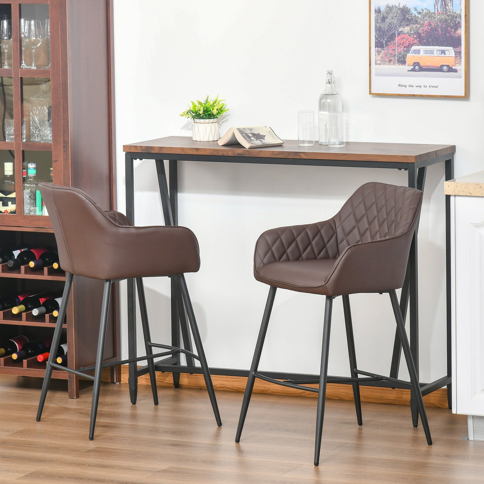 Set Of 2 Retro Pu Leather Bar Chairs Metal