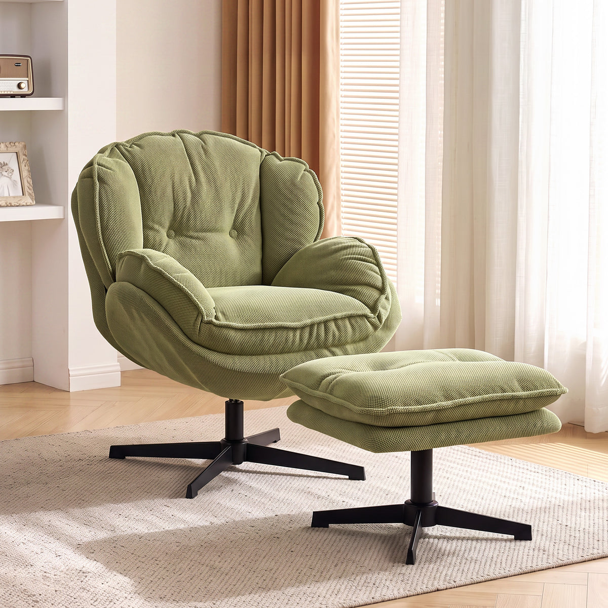 Armchair With Footstool, 360-degree Swivel Accent Chair | Green