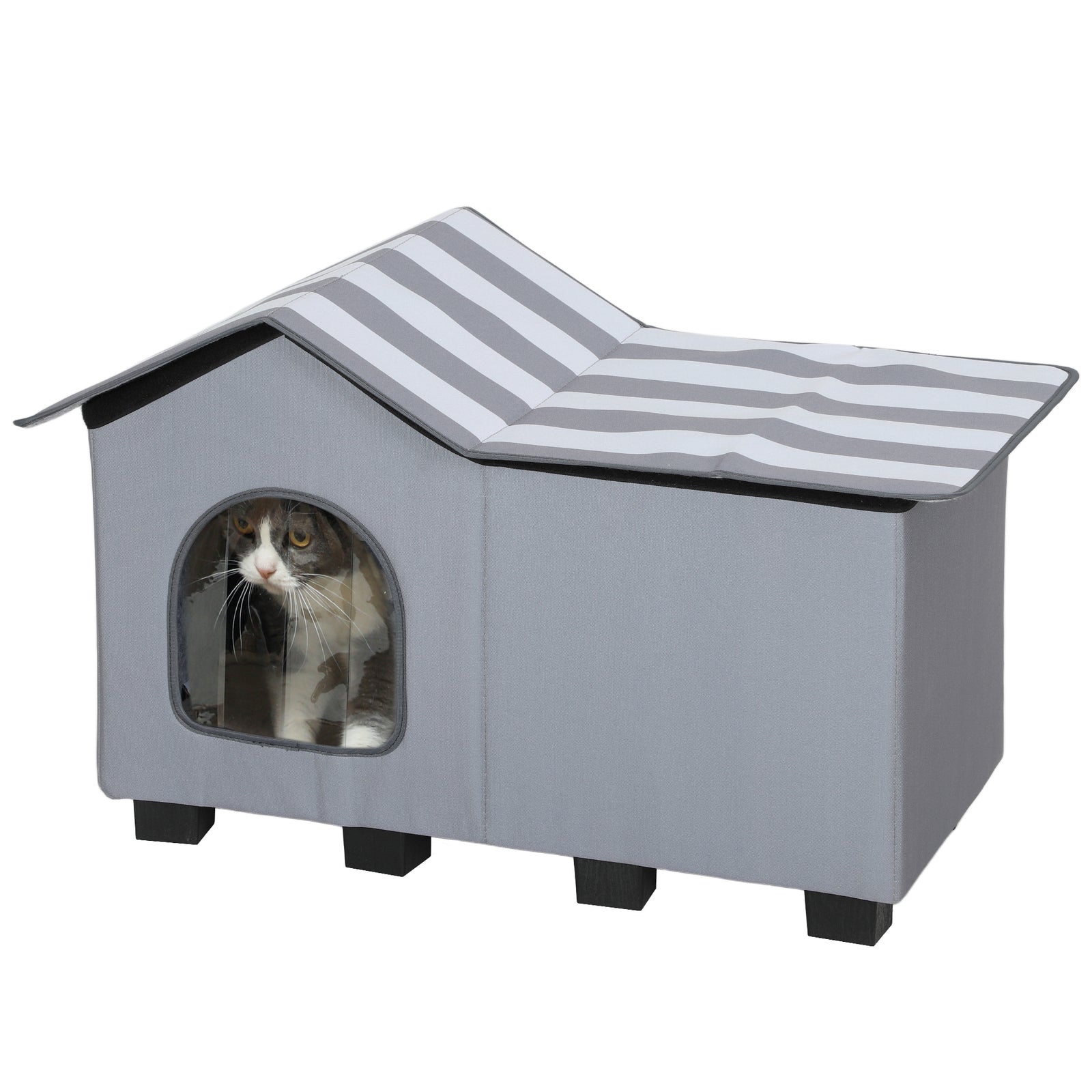 Outdoor Cat House, Feral Cat Cave With Elevated Base, Grey