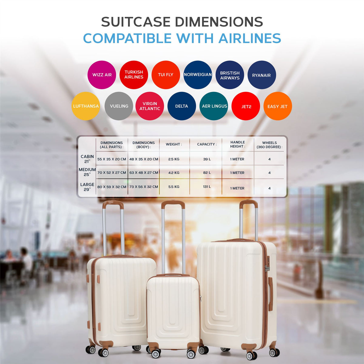 Set Of 3 Hard Shell Suitcases Overhead Carry On Cabin Bag & Check In 20kg+ Medium And Large Bag. | Set of 3 | Cream