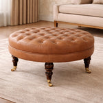 Artisan Furniture Solid Wood Brown Buffalo Leather Round Ottoman With Castor Legs, Upholstered