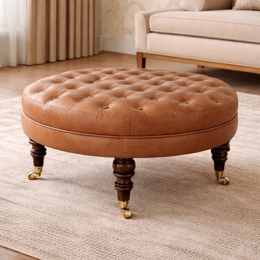 Artisan Furniture Solid Wood Brown Buffalo Leather Round Ottoman With Castor Legs, Upholstered