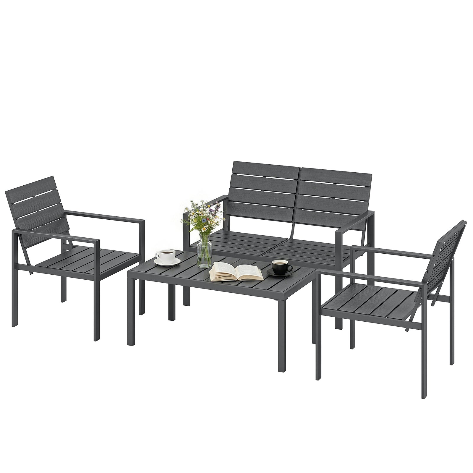 4 Piece Garden Furniture Set, Hdpe Metal Outdoor Sofa | Dark Grey