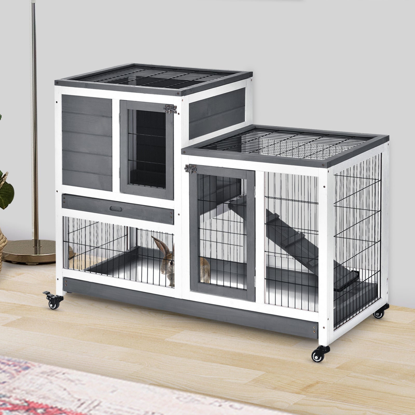 Wooden Indoor Rabbit Hutch Elevated Bunny Cage With Enclosed Run W/ Wheel | Gray